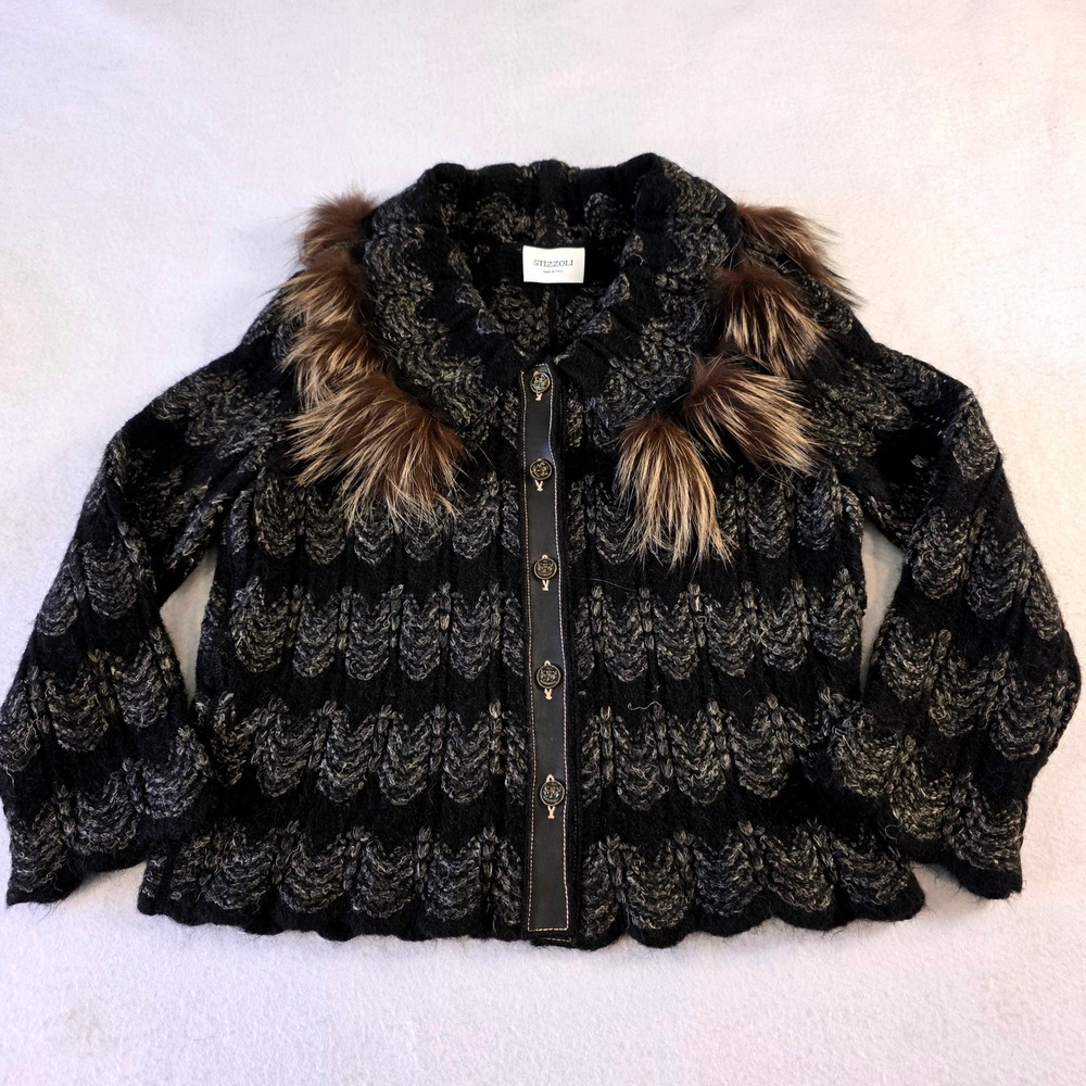 Stizzoli Italy Black Wool Alpaca Silver Fox Fur Trim Knit Cardigan Sweater 48